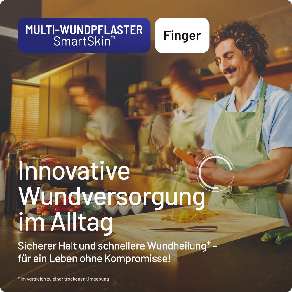 Verpackung Compeed Multi-Wundpflaster SmartSkin Finger. Enthält Informationen zu Anwendung und Inhaltsstoffen.