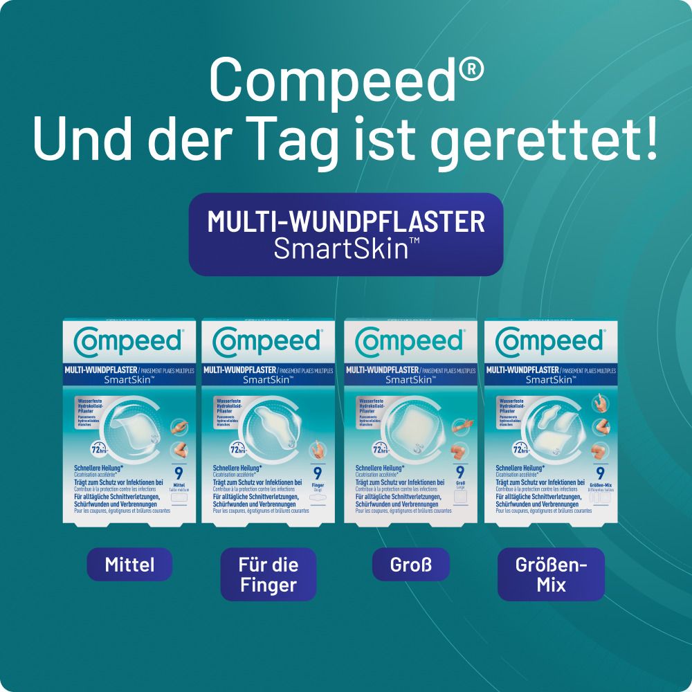 Compeed Multi-Wundpflaster SmartSkin in verschiedenen Größen: Mittel, Finger, Groß, Größen-Mix.