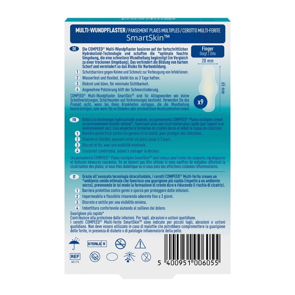 Compeed SmartSkin Pflasterpackung mit 9 Stück, verschiedene Größen. Enthält Hydrokolloid-Technologie.