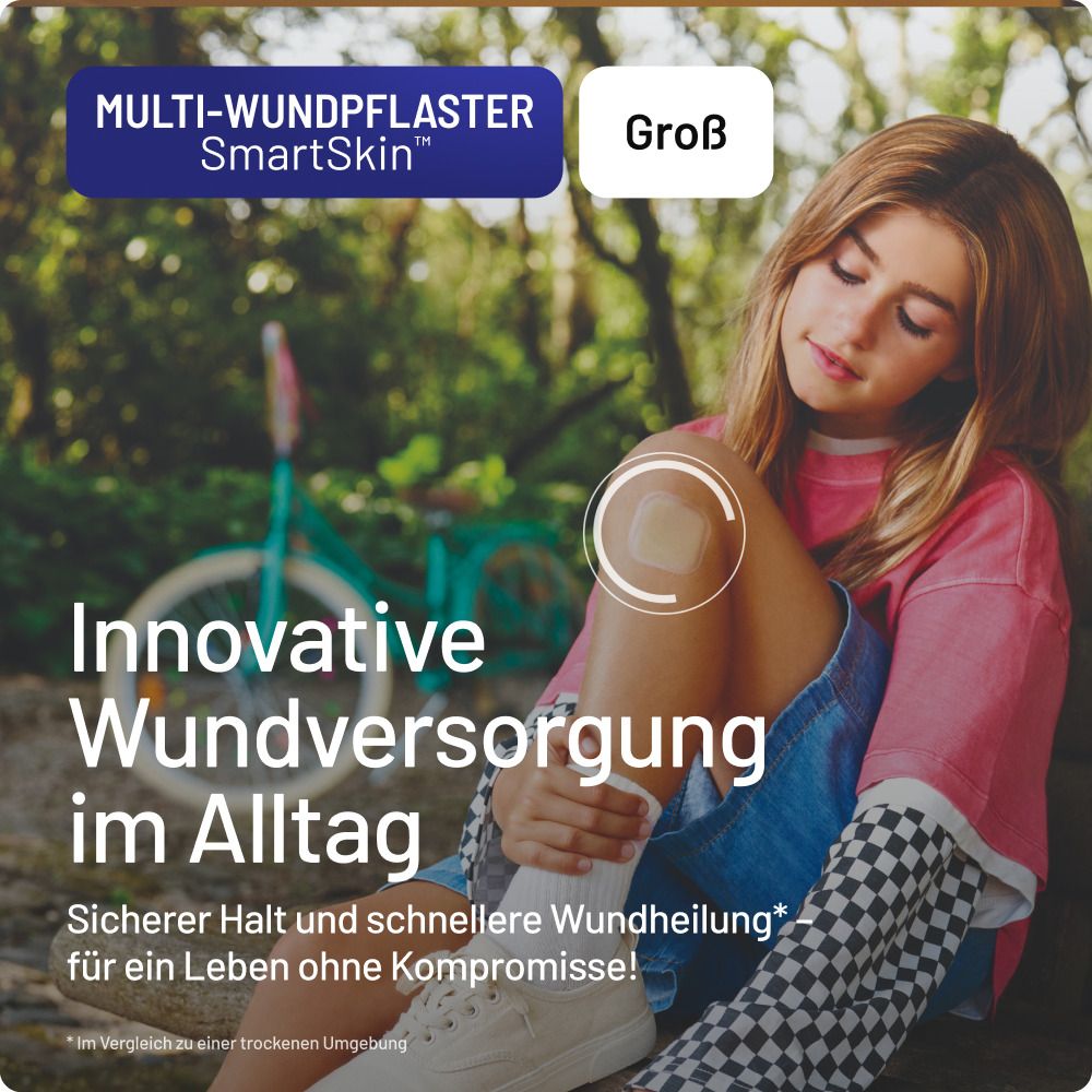 Ein junges Mädchen mit einem Pflaster auf dem Knie, das für innovative Wundversorgung steht.