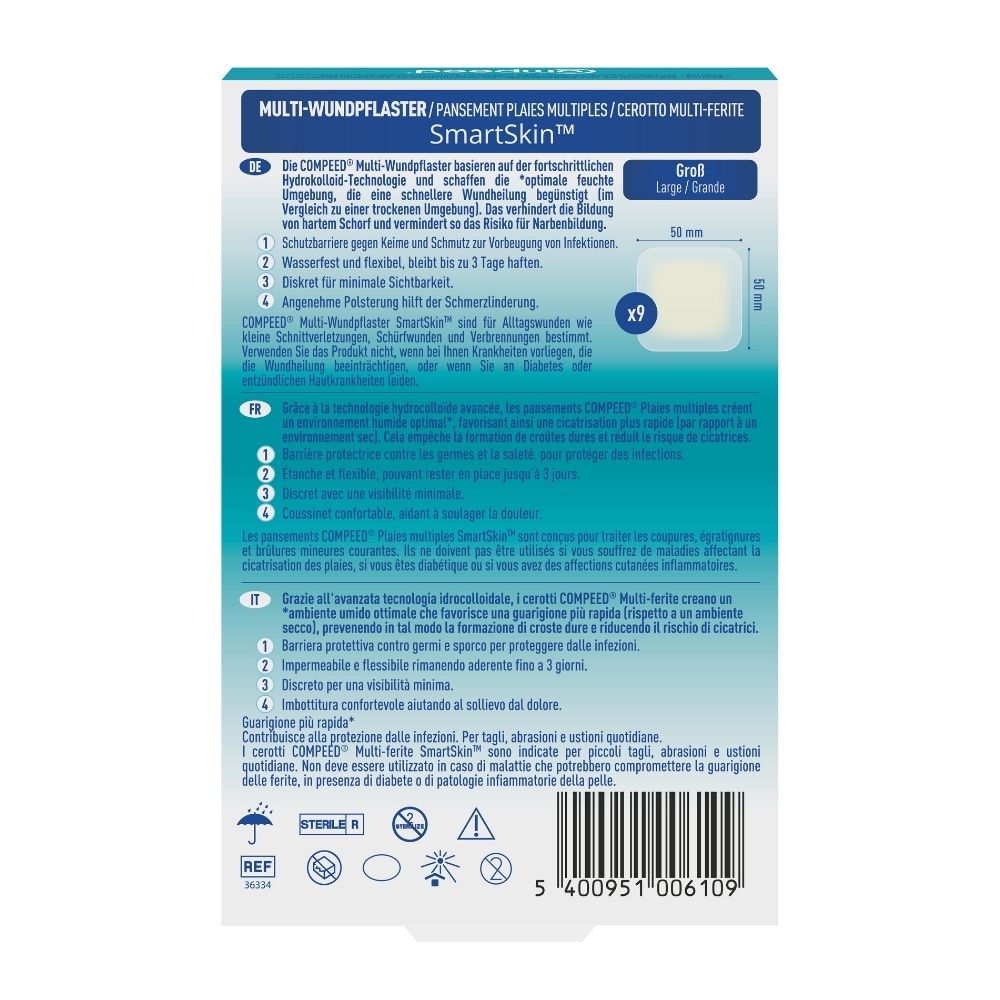 Verpackung von Compeed Multi-Wundpflaster SmartSkin, Größe Large, 9 Stück.