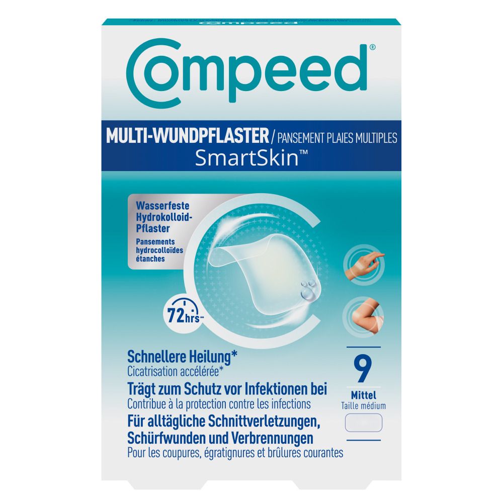 Compeed Multi-Wundpflaster SmartSkin Packung mit 9 mittleren Pflastern.