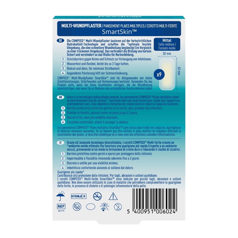 Compeed SmartSkin Pflasterpackung mit 9 Stück, verschiedene Größen. Enthält Hydrokolloid-Technologie.