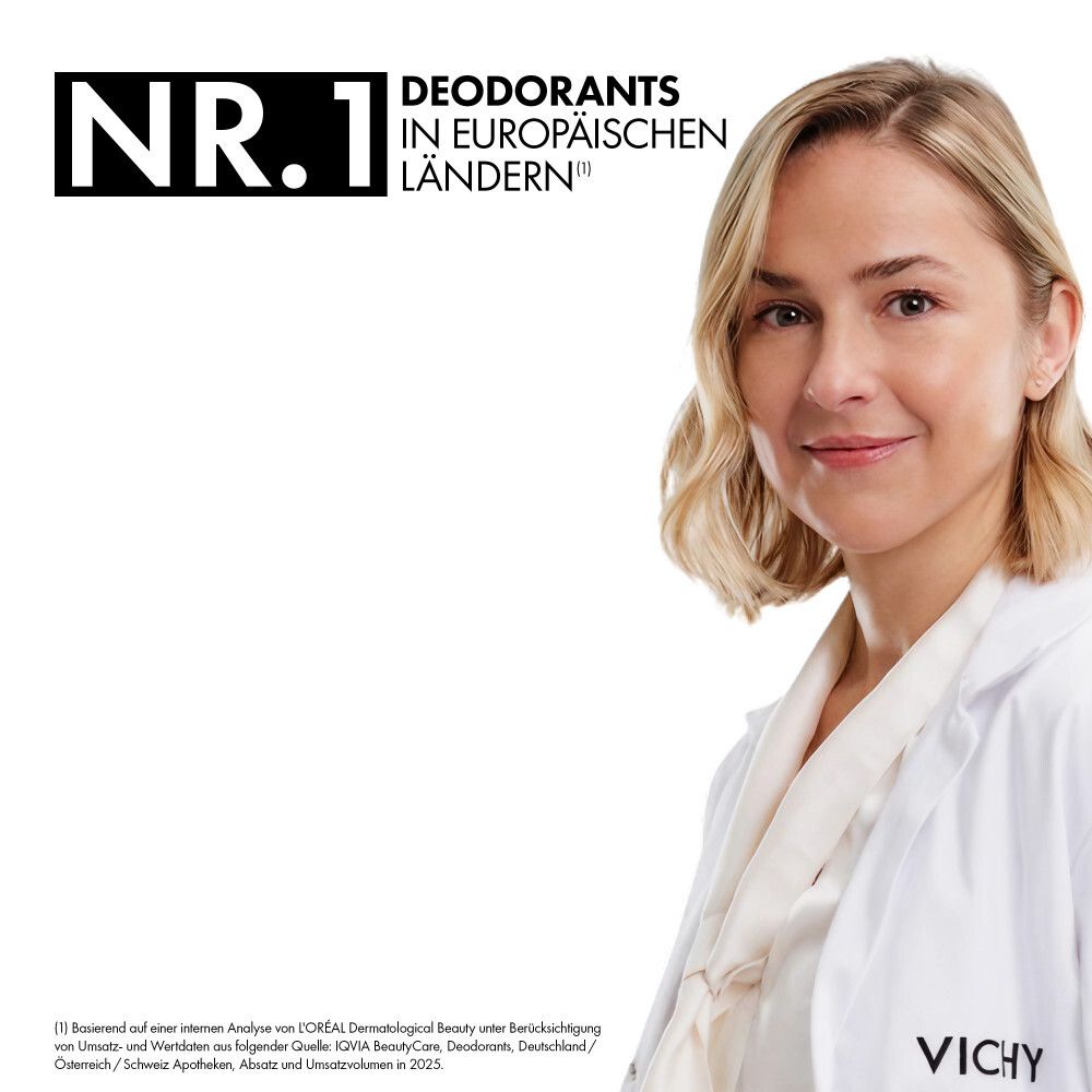 Frau in weißem Kittel lächelt, "NR. 1 DEODORANTS IN EUROPÄISCHEN LÄNDERN" steht im Hintergrund.