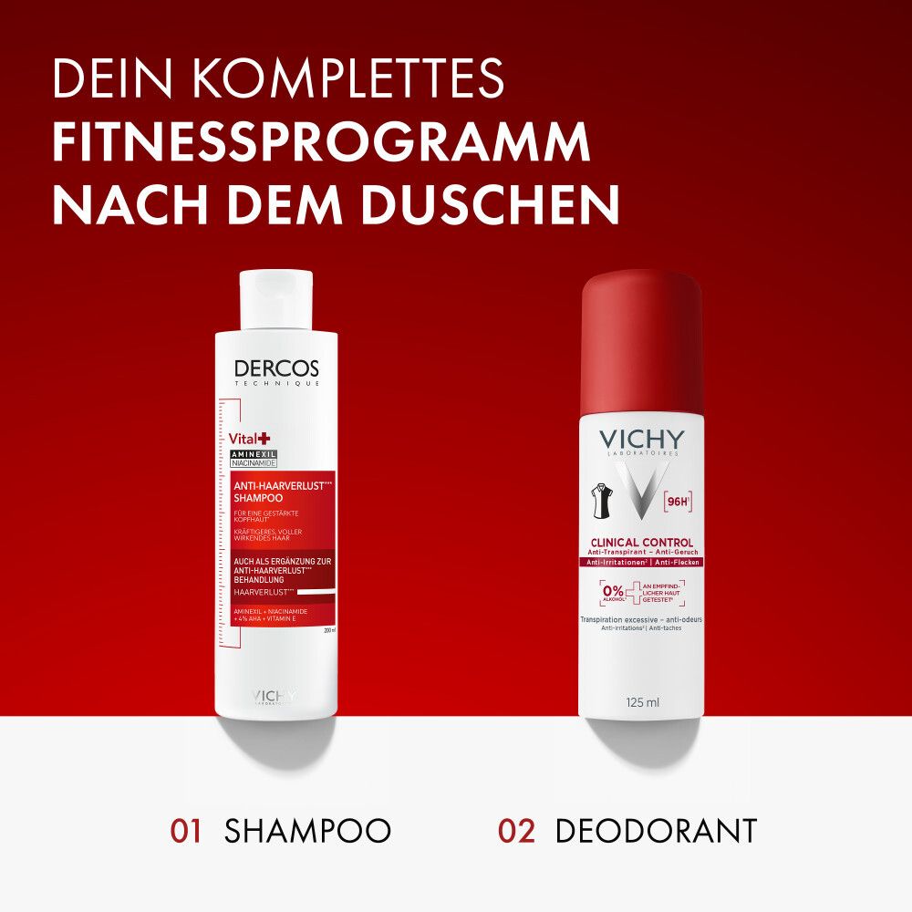Duschprodukte: Dercos Anti-Haarausfall Shampoo und Vichy Clinical Control Deodorant.