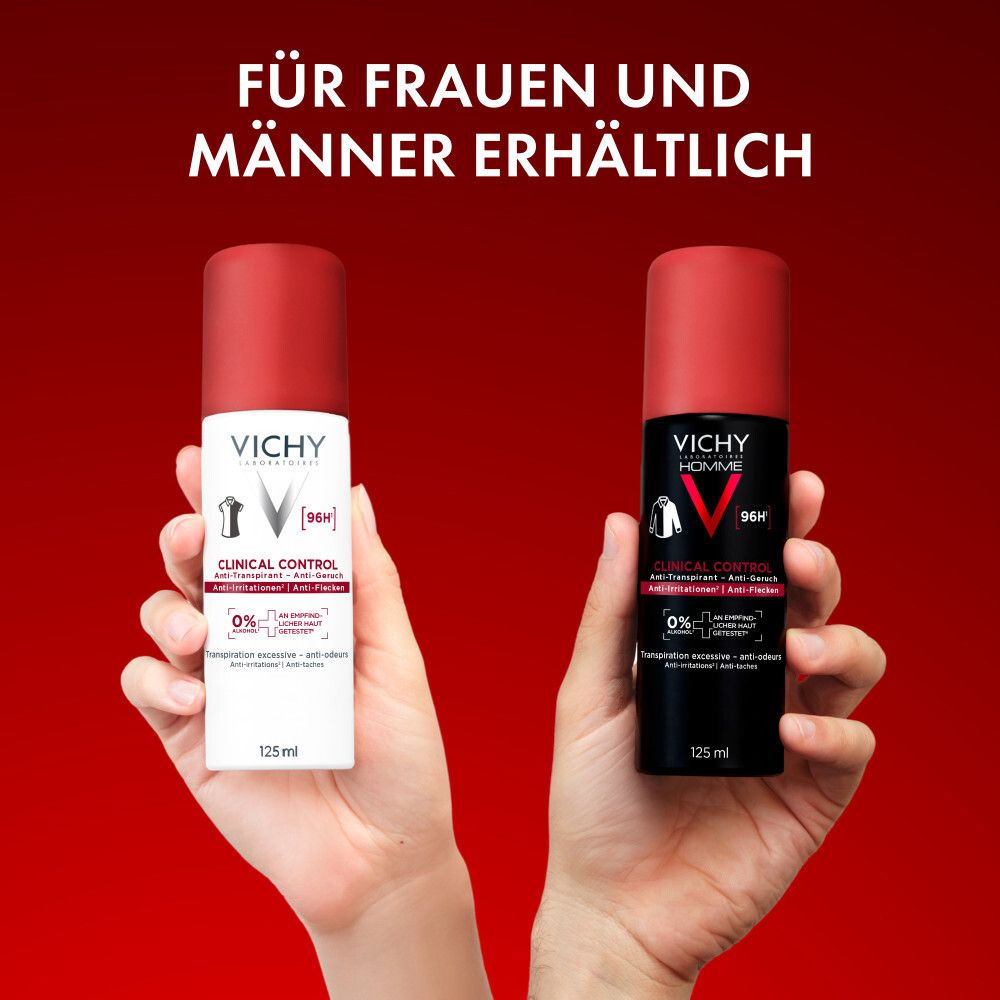 Zwei Vichy Deodorant-Sprays, eins für Frauen (weiß) und eins für Männer (schwarz), werden von Händen gehalten.
