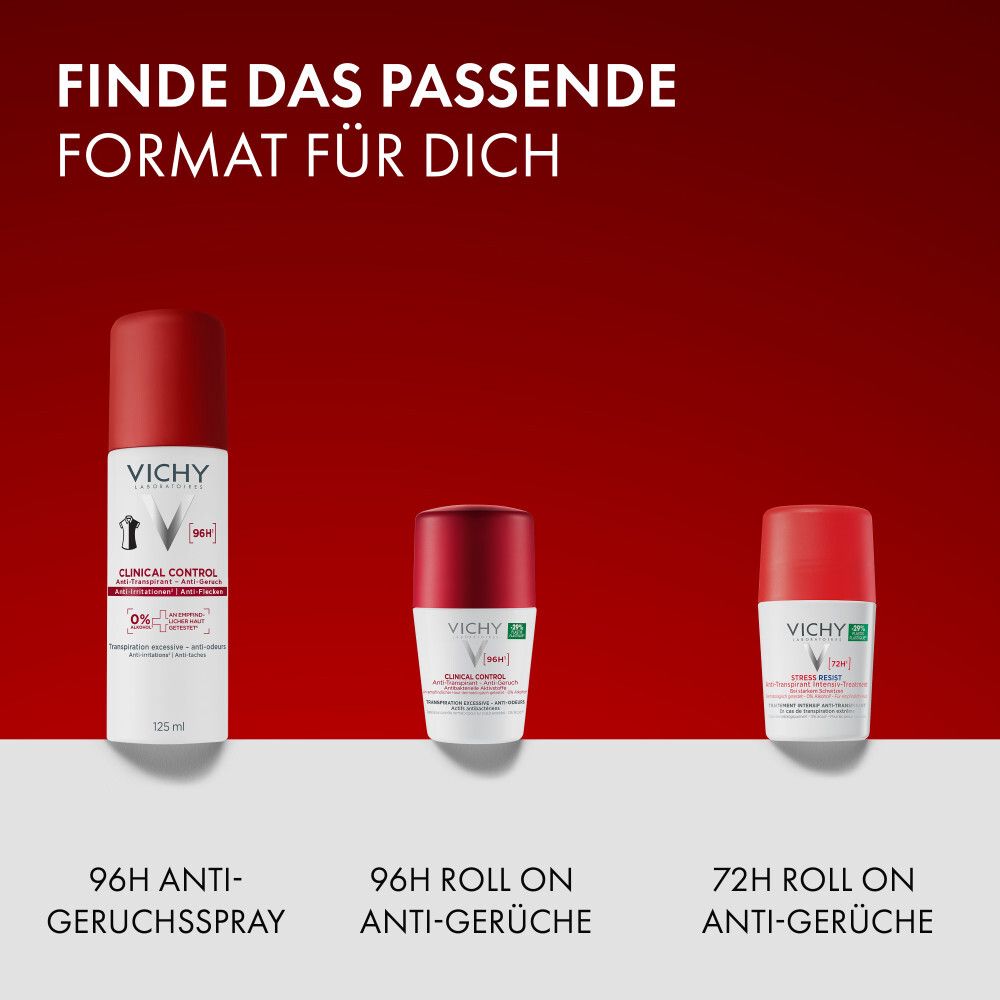 Drei Vichy Deodorant-Produkte in verschiedenen Größen und Formaten.