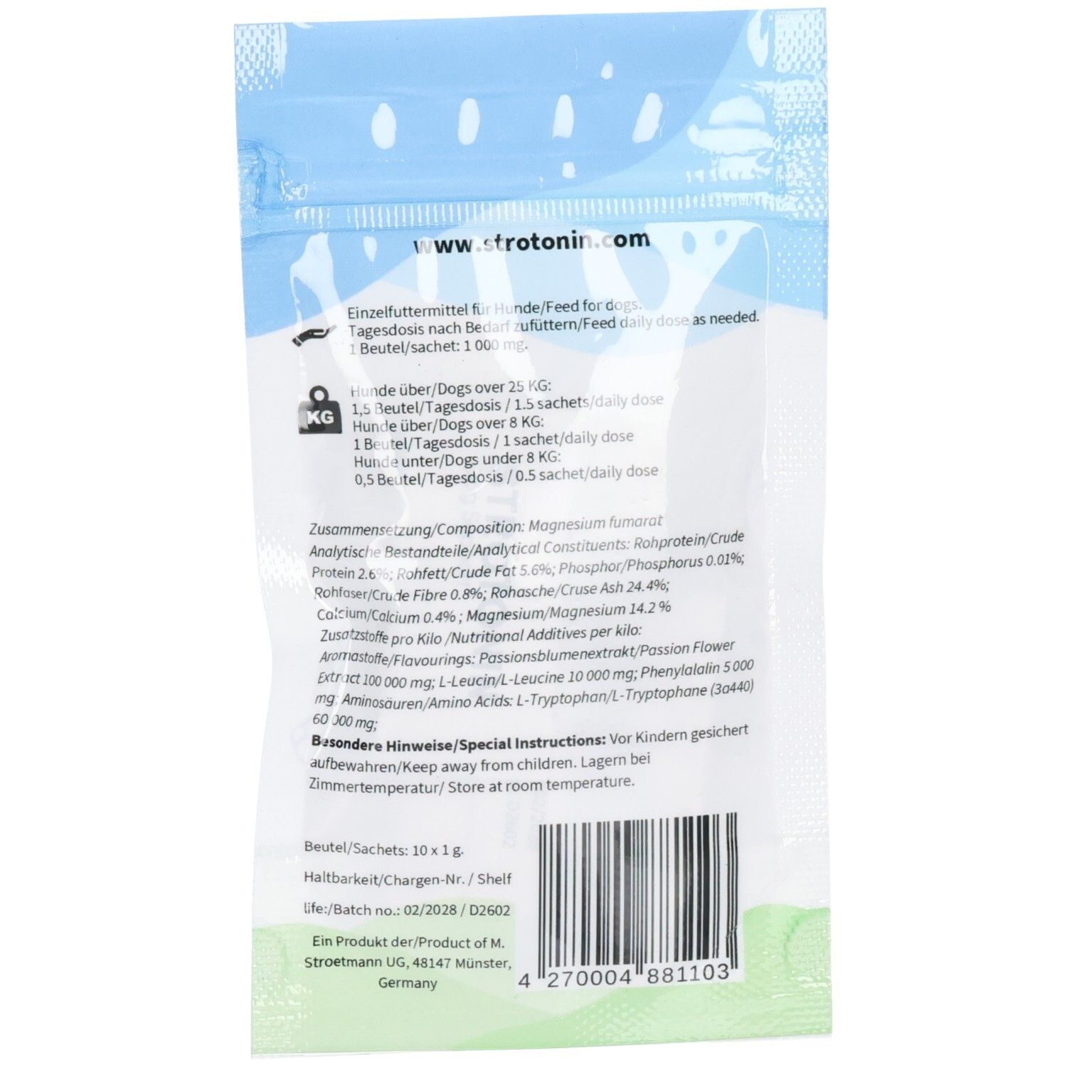 Rückseite einer Strotonin-Verpackung für Hunde mit Nährwertangaben und Anwendungshinweisen.