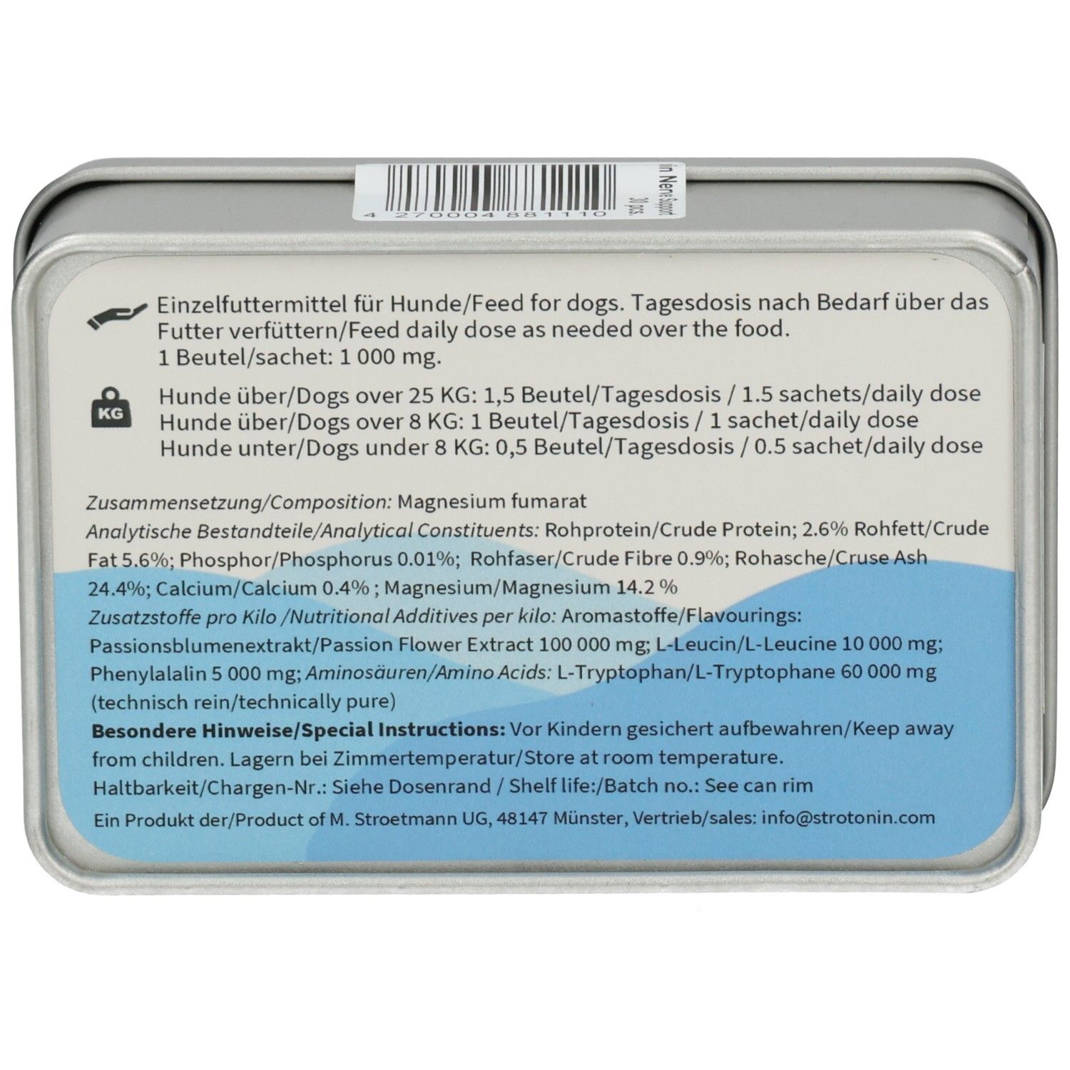 Strotonin Nerve Support Metalldose für Hunde, 30 Beutel.
