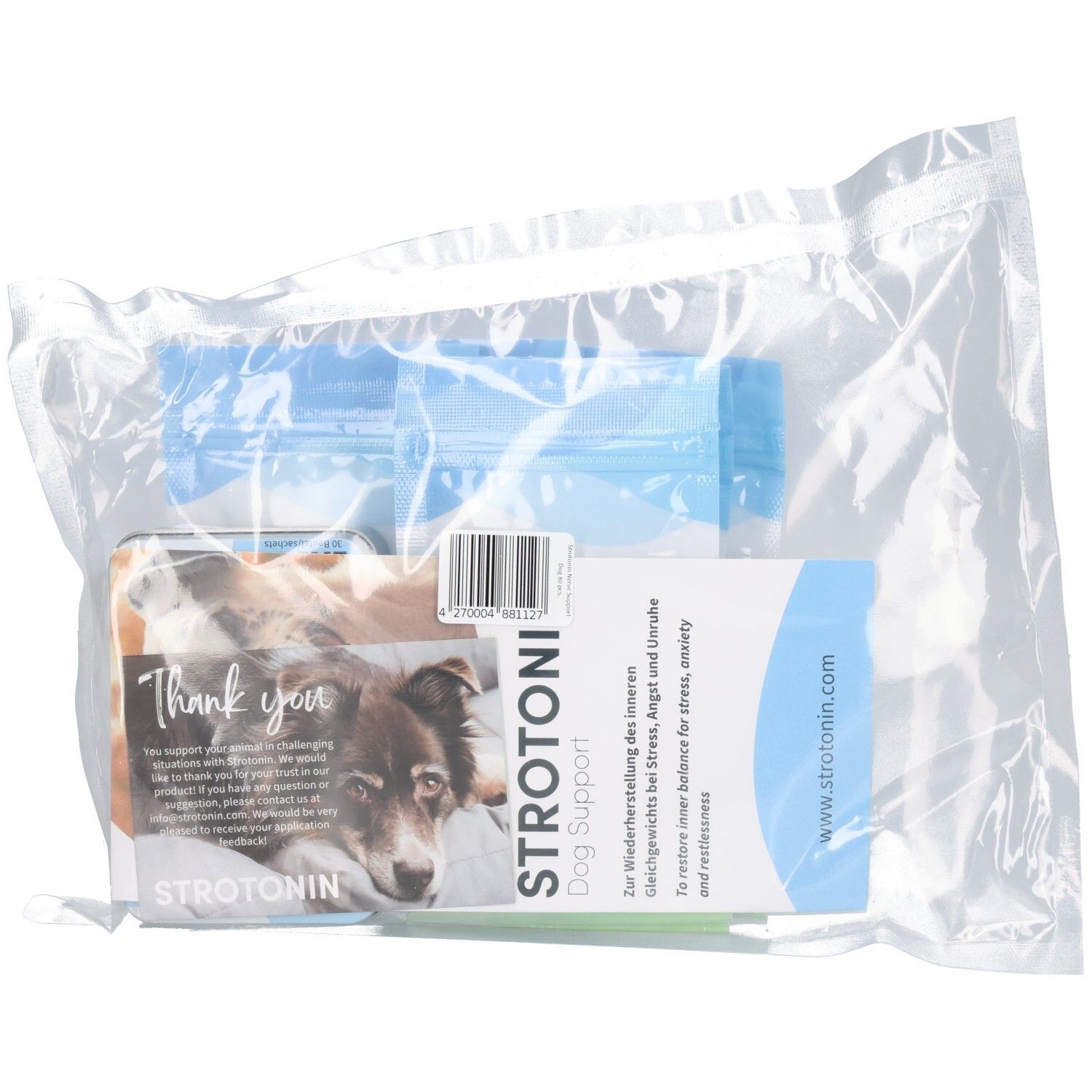 Strotonin Dog Support Beutel mit Hundebild und Dankeskarte.
