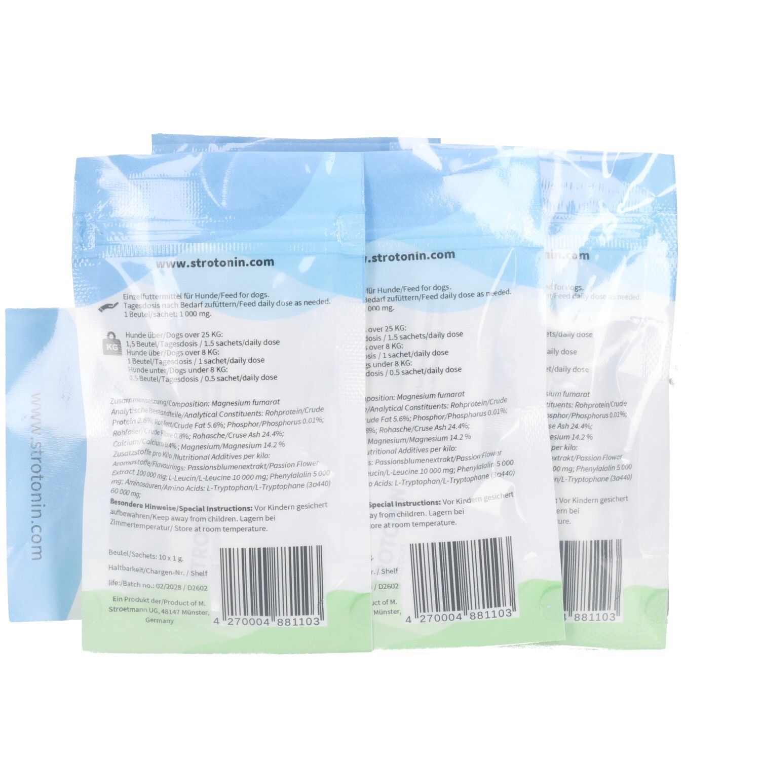 Rückseite von drei Strotonin Beuteln mit Barcode und Produktinformationen.