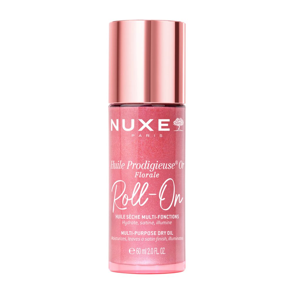 NUXE Huile Prodigieuse® OR Florale Roll-On. Rosa Flasche mit goldenem Deckel. Produktname und Details aufgedruckt.
