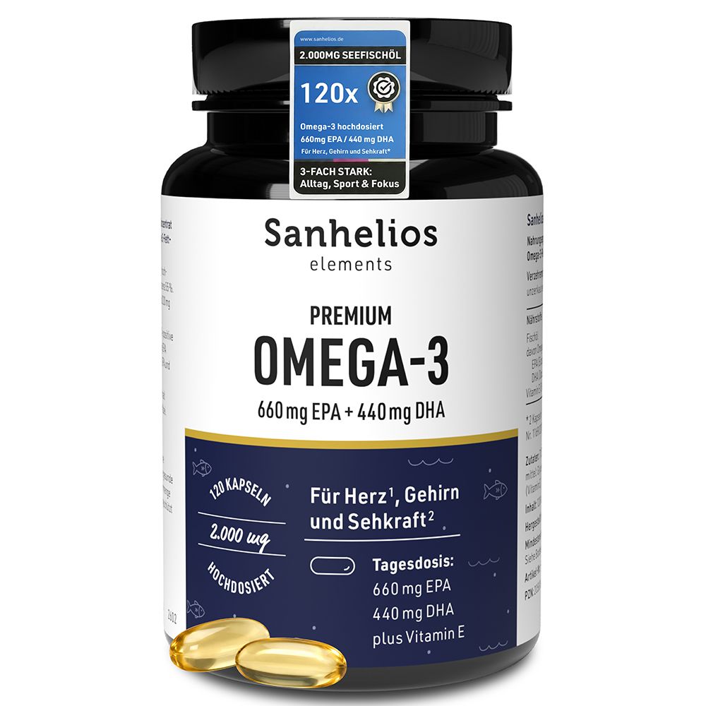 Sanhelios Premium Omega-3 Kapseln: Flasche mit 120 Kapseln, 660 mg EPA, 440 mg DHA. Zwei Kapseln liegen daneben.