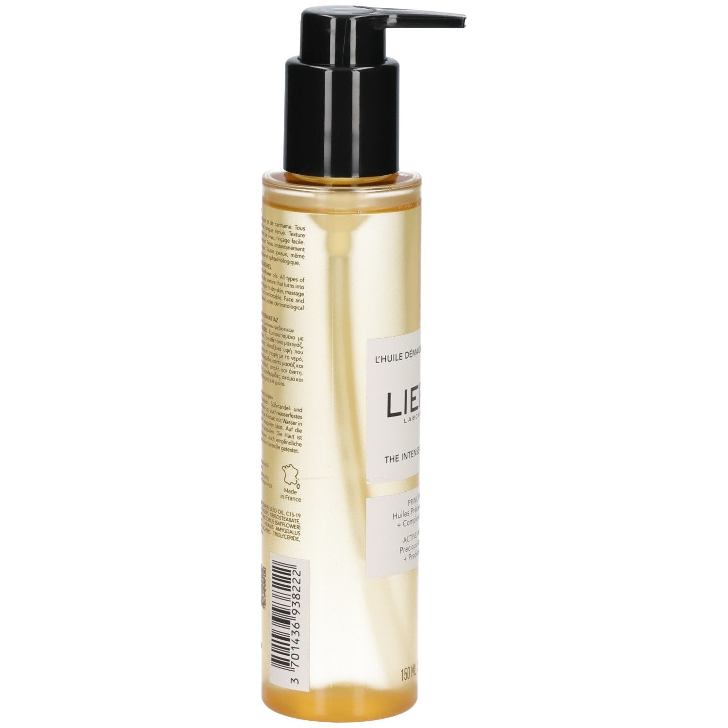 Flasche mit Pumpzerstäuber, gefüllt mit goldenem Öl.