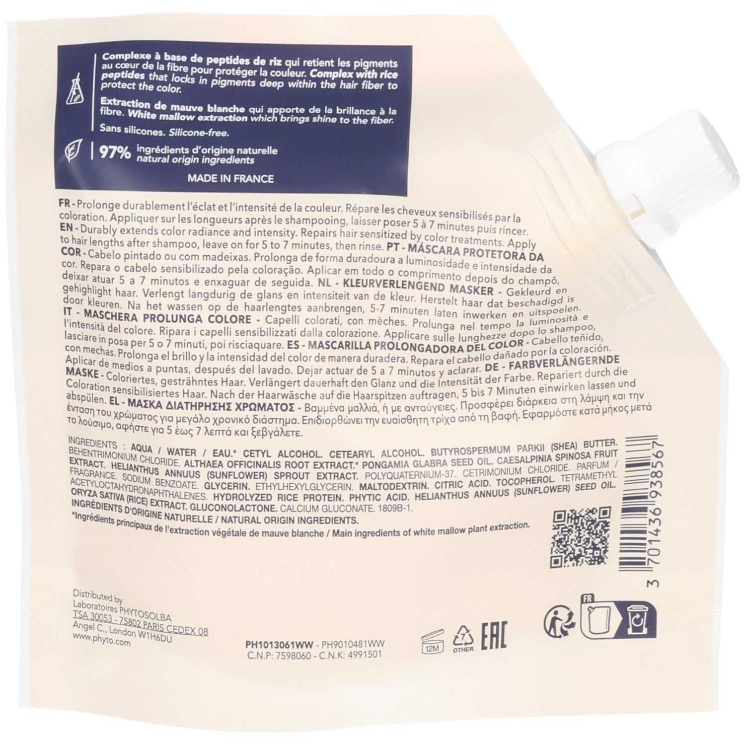 Haarmaske in einem Beutel mit Schraubverschluss. Enthält Inhaltsstoffe und Anwendungshinweise.