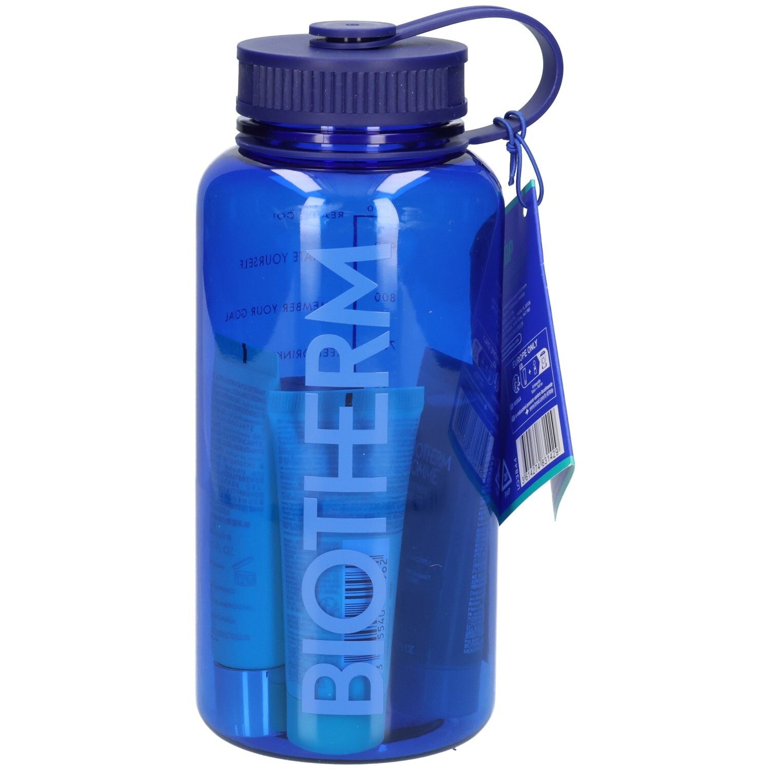 Blauer Trinkbehälter mit Henkel, gefüllt mit BIOTHERM Produkten. Mit Messskala und Anhänger.
