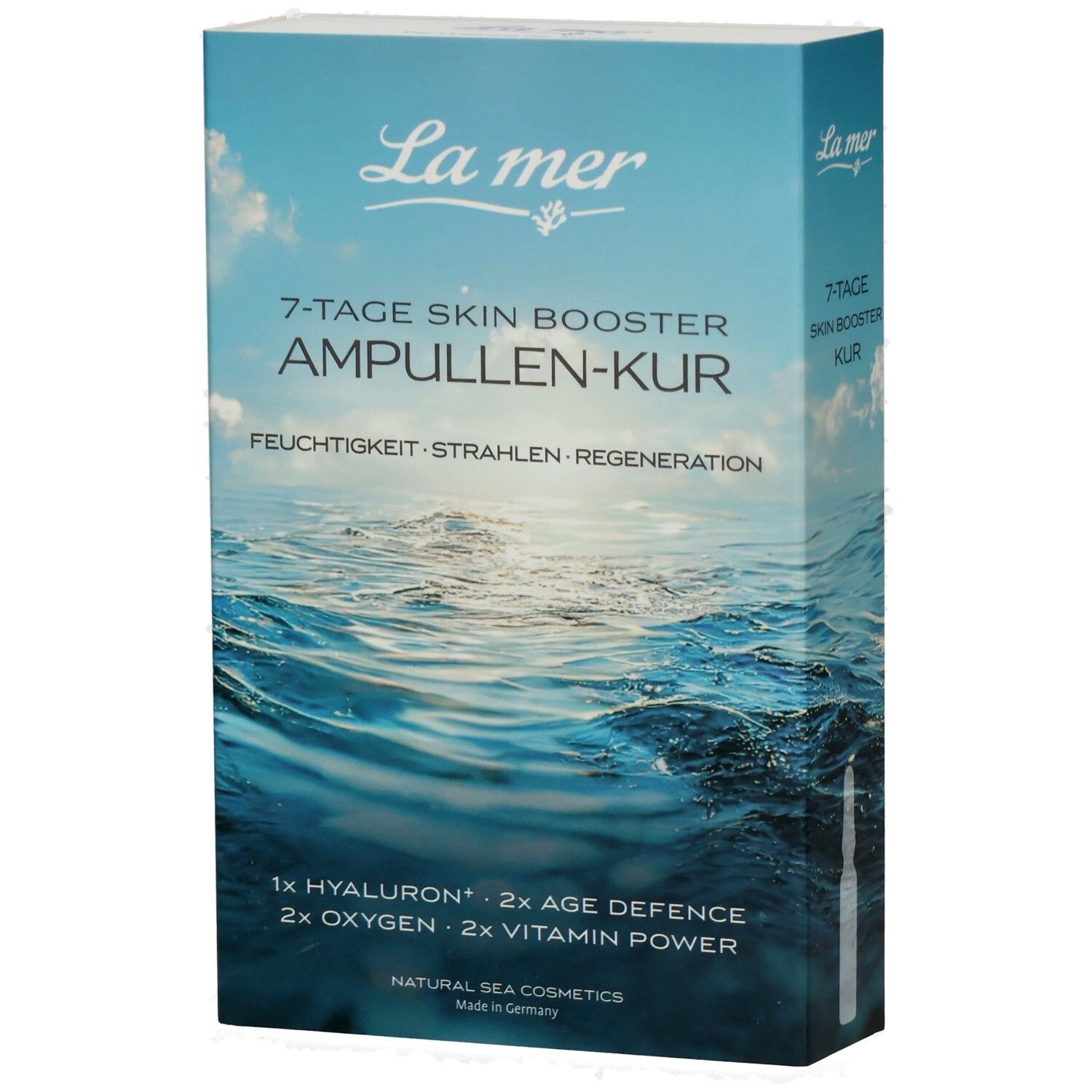 Verpackung der 7-Tage Skin Booster Ampullen-Kur von La mer mit Meeresmotiv.
