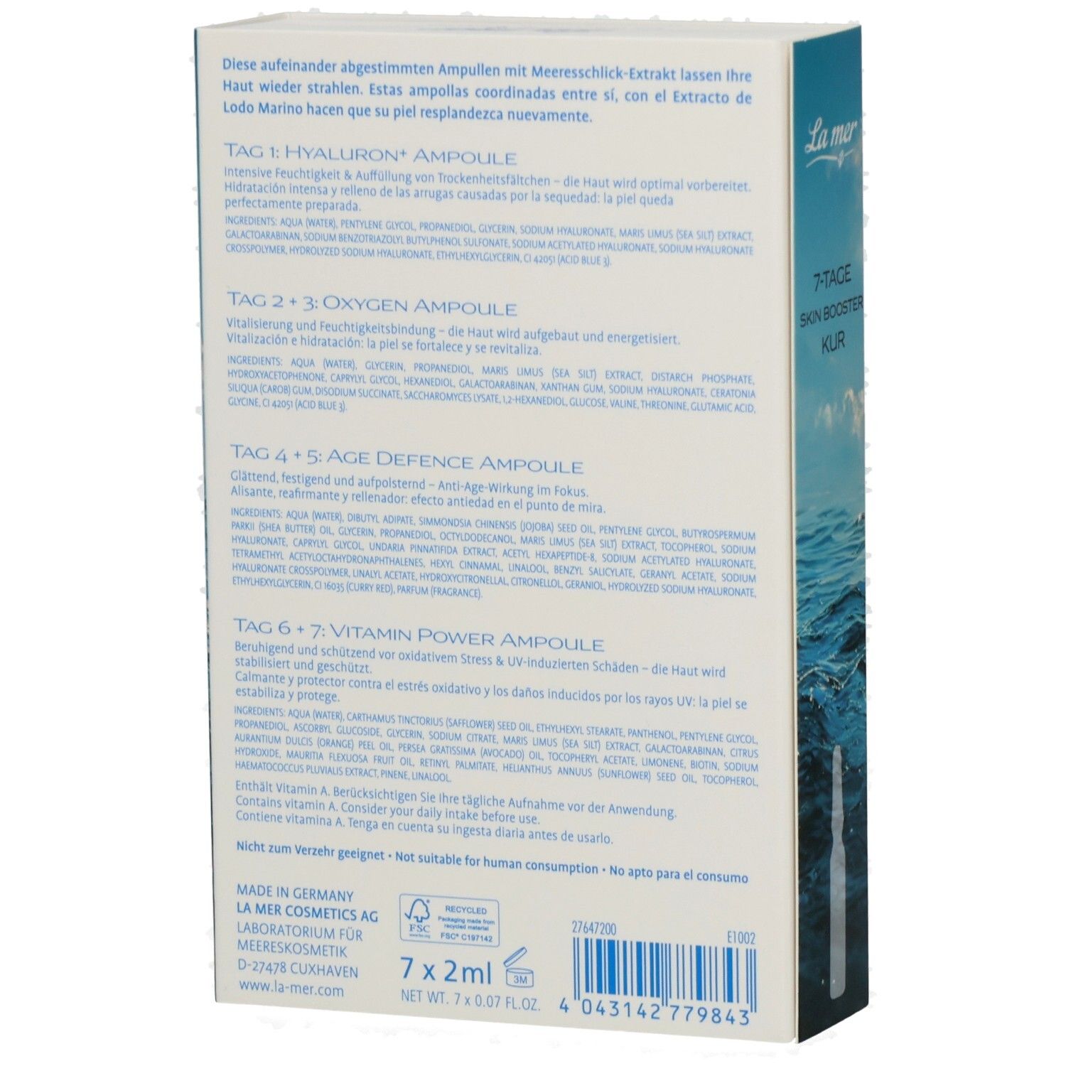Rückseite der La mer 7-Tage Skin Booster Ampullen-Kur Verpackung mit Anwendungsinformationen.