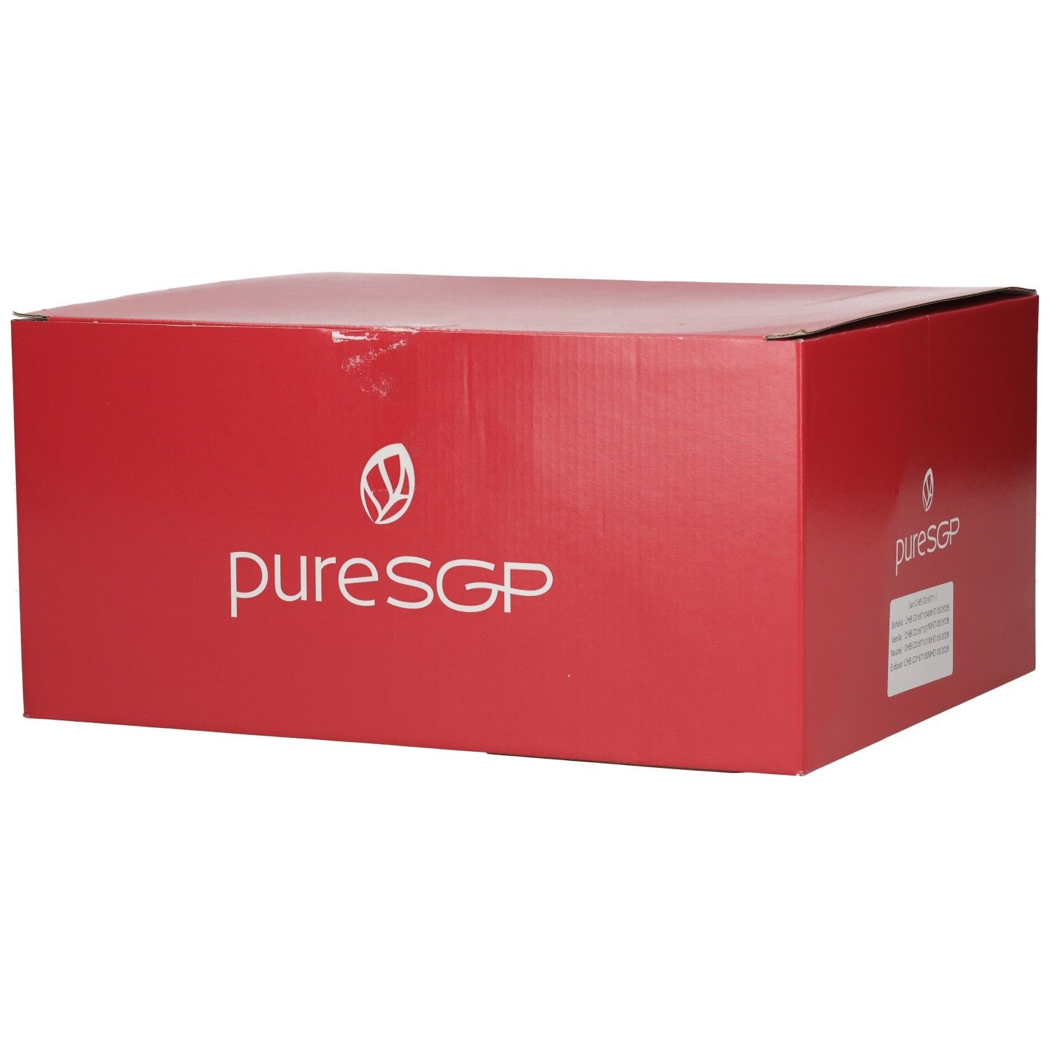 Rote PuresGP Kartonverpackung mit weißem Logo und Schriftzug.