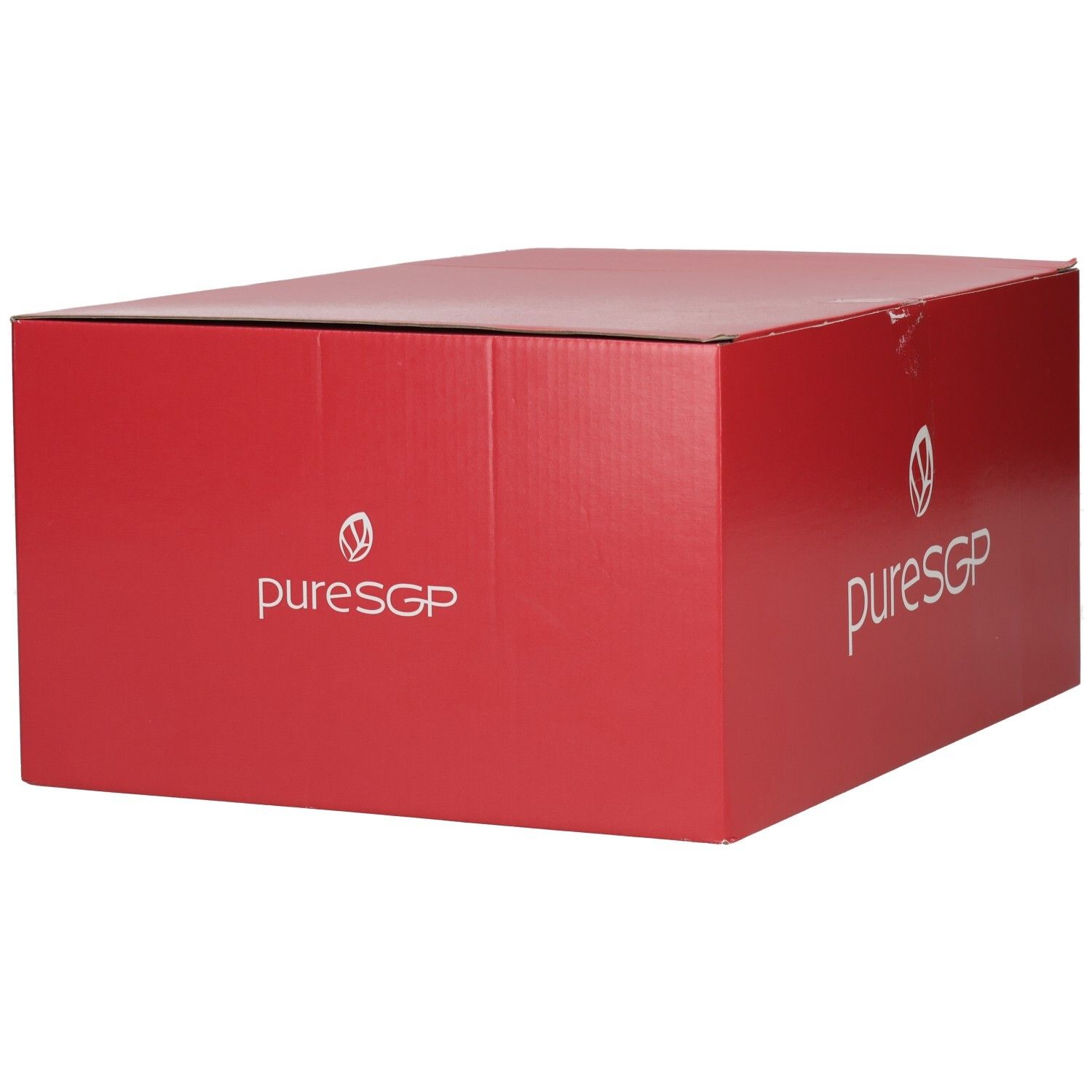 Rote PuresGP Kartonverpackung, Seitenansicht mit weißem Logo und Schriftzug.