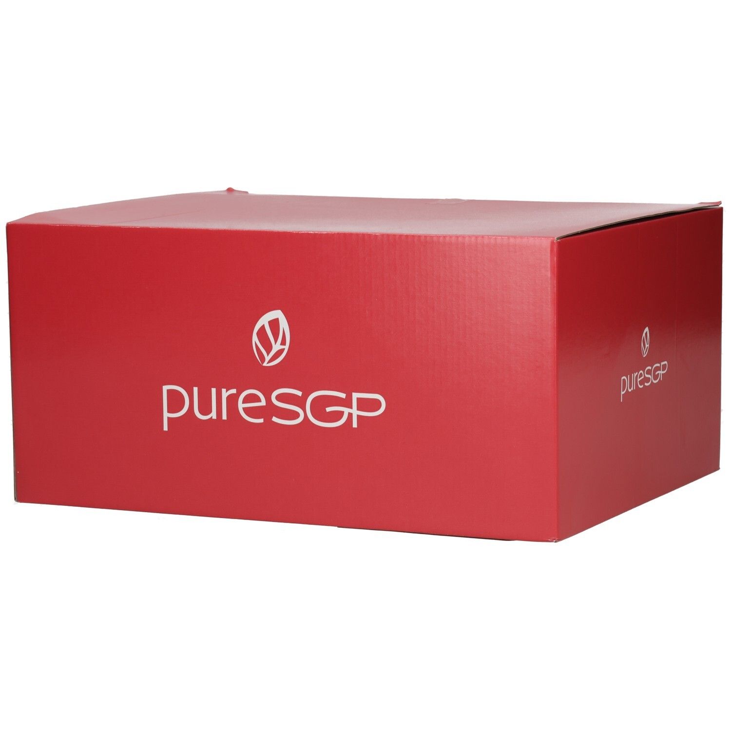 Rote PuresGP Kartonverpackung, schräge Ansicht mit weißem Logo und Schriftzug.