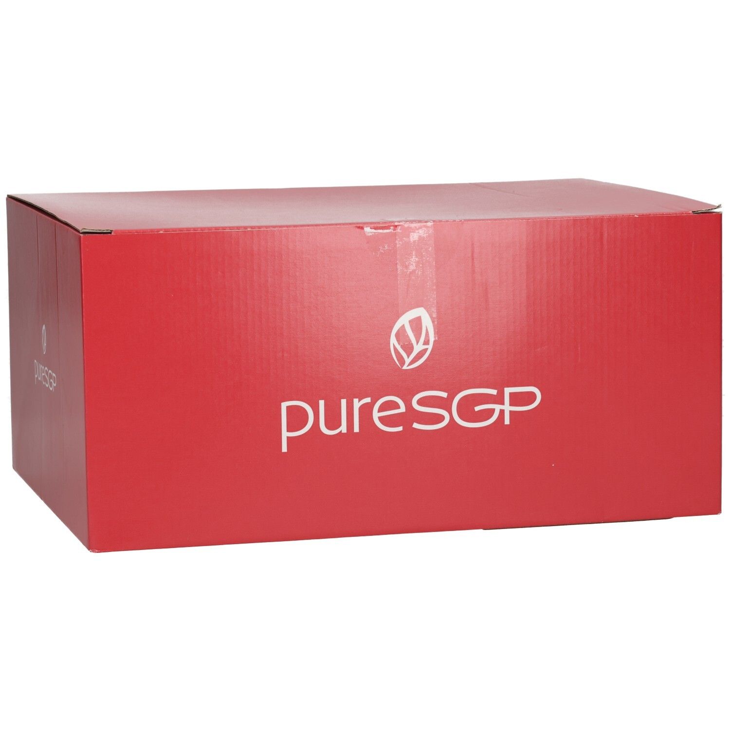 Rote PuresGP Kartonverpackung, schräge Vorderansicht mit weißem Logo.