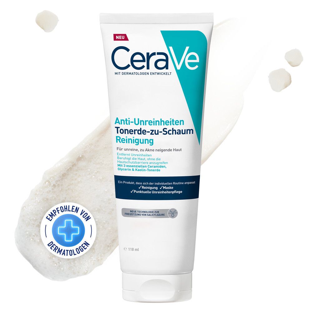 CeraVe Tonerde-zu-Schaum Reinigung Tube mit Schaumtextur und Siegel 'Empfohlen von Dermatologen'.