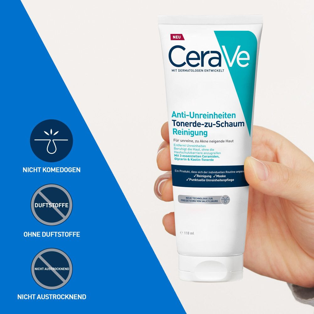 CeraVe Tube in der Hand, mit Icons für 'Nicht komedogen', 'Duftstoffe' und 'Nicht austrocknend'.