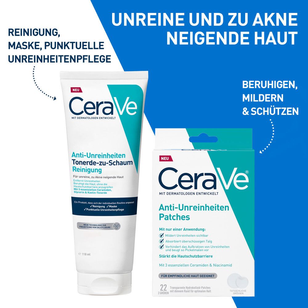 CeraVe Reinigungsprodukt und Anti-Unreinheiten Patches für unreine Haut.