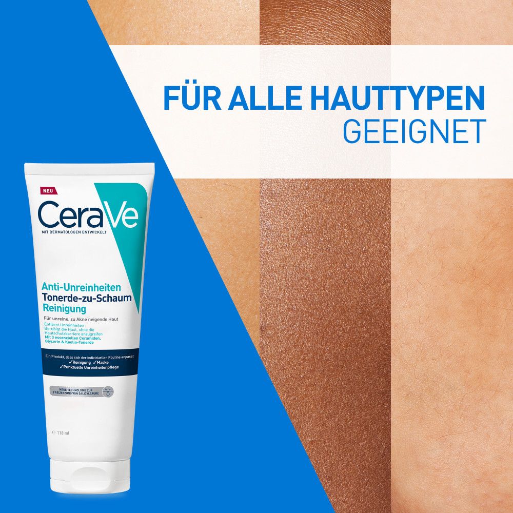 CeraVe Tube vor einem Hintergrund verschiedener Hauttöne, 'Für alle Hauttypen geeignet'.