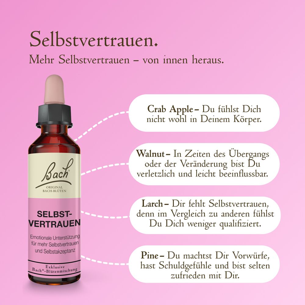 Braune Glasflasche mit Pipette, Etikett 'SELBST-VERTRAUEN'. Liste von Bach-Blütenessenzen.