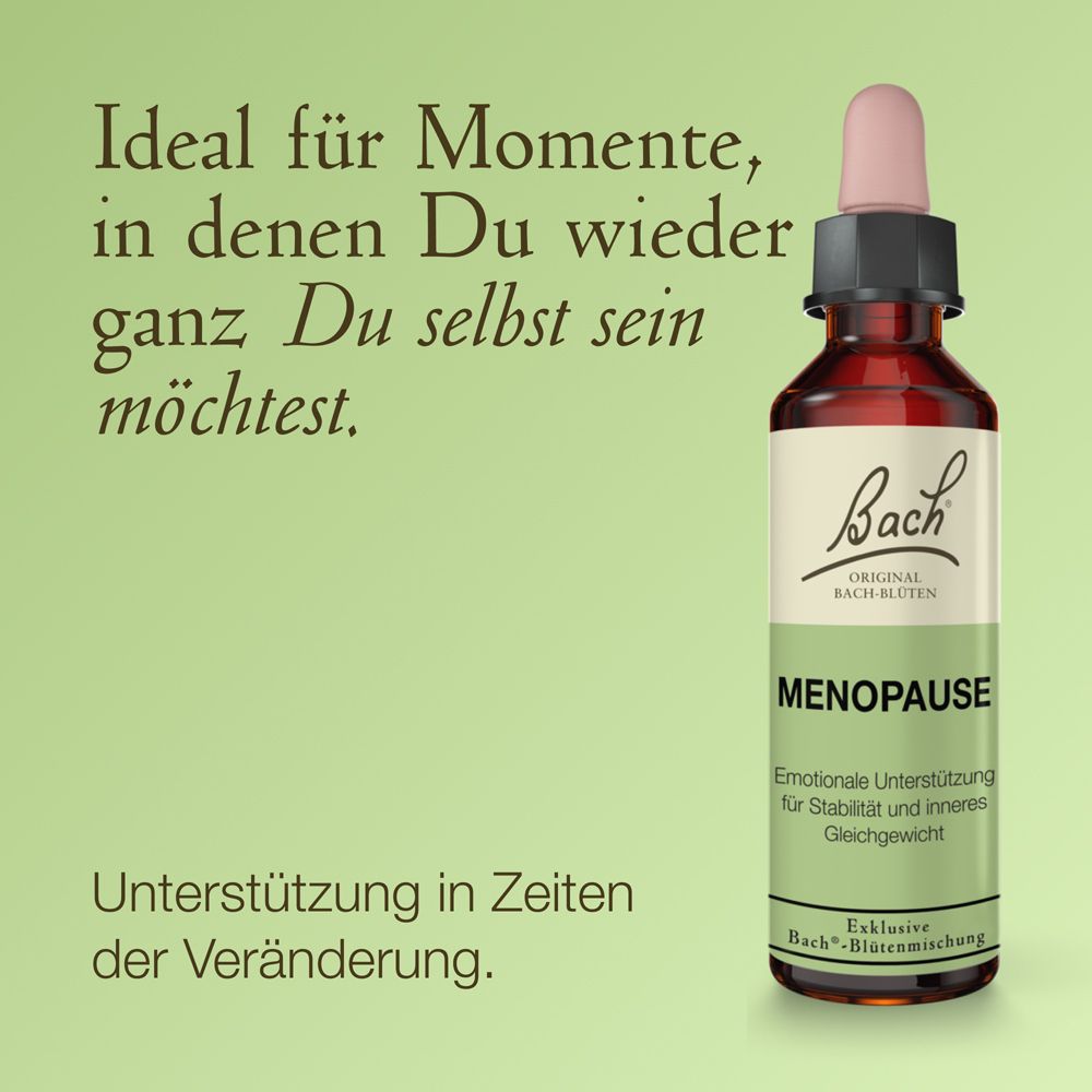 Bach Blüten Tropfenflasche mit Pipette, Etikett 'MENOPAUSE'. Braunes Glas, rosa Pipettenspitze.