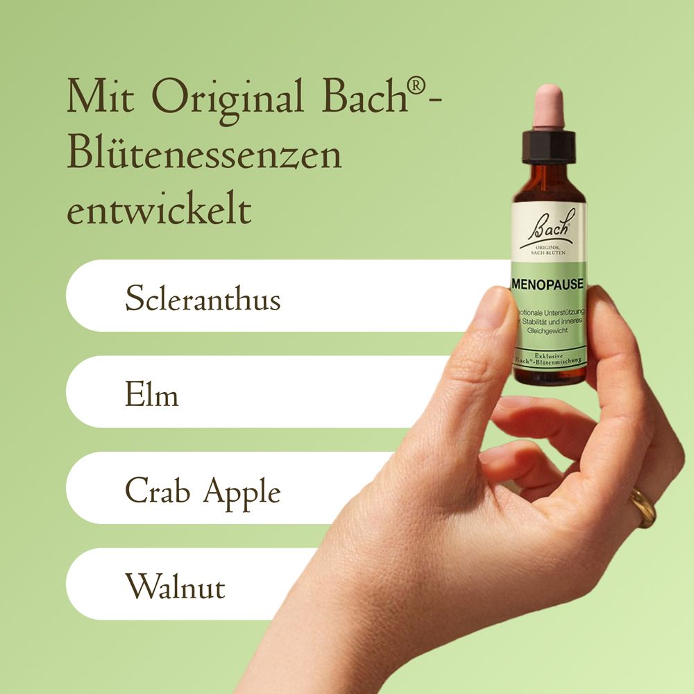 Hand hält kleine Glasflasche mit Pipette, Etikett "Bach Menopause", daneben vier Blütenessenzen.
