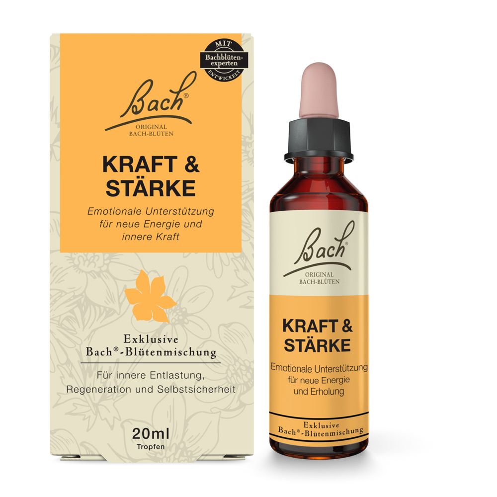 Bach Kraft & Stärke Tropfenflasche und Kartonverpackung, 20ml.