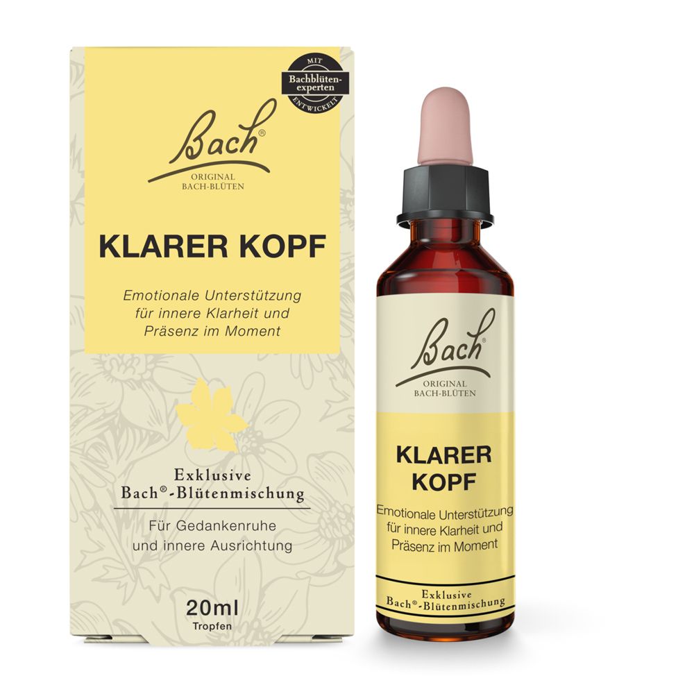 Bach Blüten KLARER KOPF Tropfenflasche und Karton, 20ml.