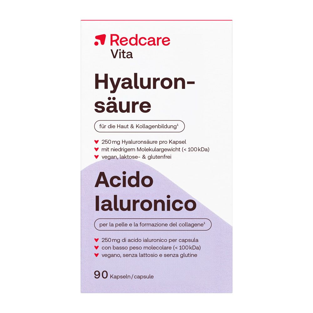 Redcare Hyaluronsäure Kapseln, 90 Stück. Enthält 250mg Hyaluronsäure pro Kapsel.