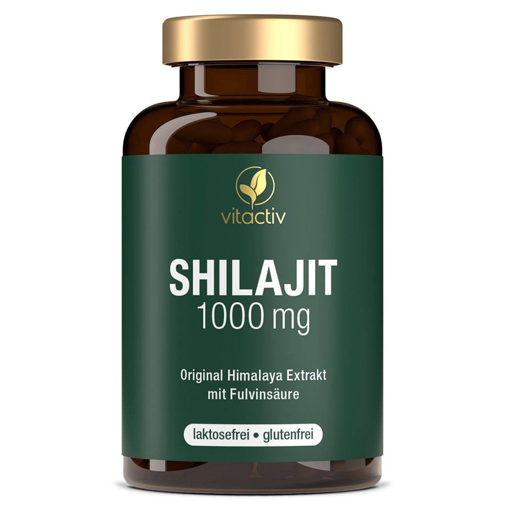 Vitactiv Shilajit 1000 mg Kapseln: Braune Glasflasche mit grünem Etikett, goldener Verschluss. Enthält Himalaya-Extrakt.