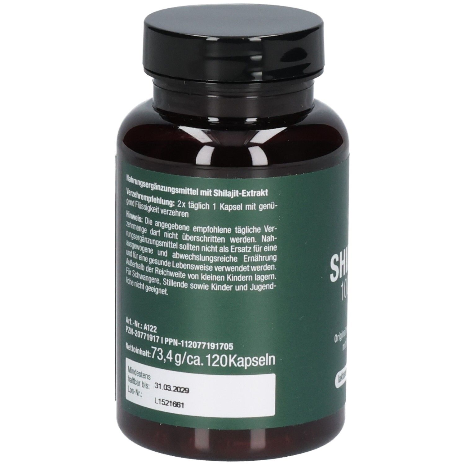 Vitactiv Shilajit 1000 mg: Rückseite der Flasche mit Nährwertdeklaration und Anwendungshinweisen. Enthält Fischgelatine.