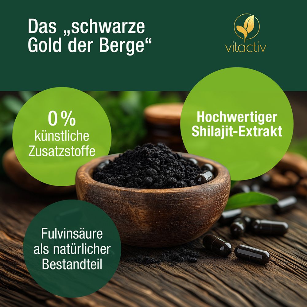 Vitactiv Shilajit: Schale mit schwarzem Pulver, Kapseln. Text: 'Das „schwarze Gold der Berge“', 'Hochwertiger Shilajit-Extrakt', '0% künstliche Zusatzstoffe'.