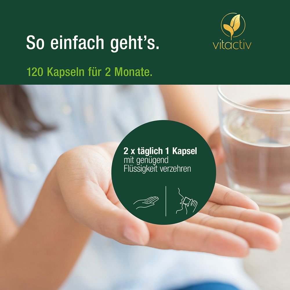 Vitactiv Shilajit: Hand hält eine Kapsel. Glas Wasser im Hintergrund. Text: '120 Kapseln für 2 Monate', '2x täglich 1 Kapsel'.