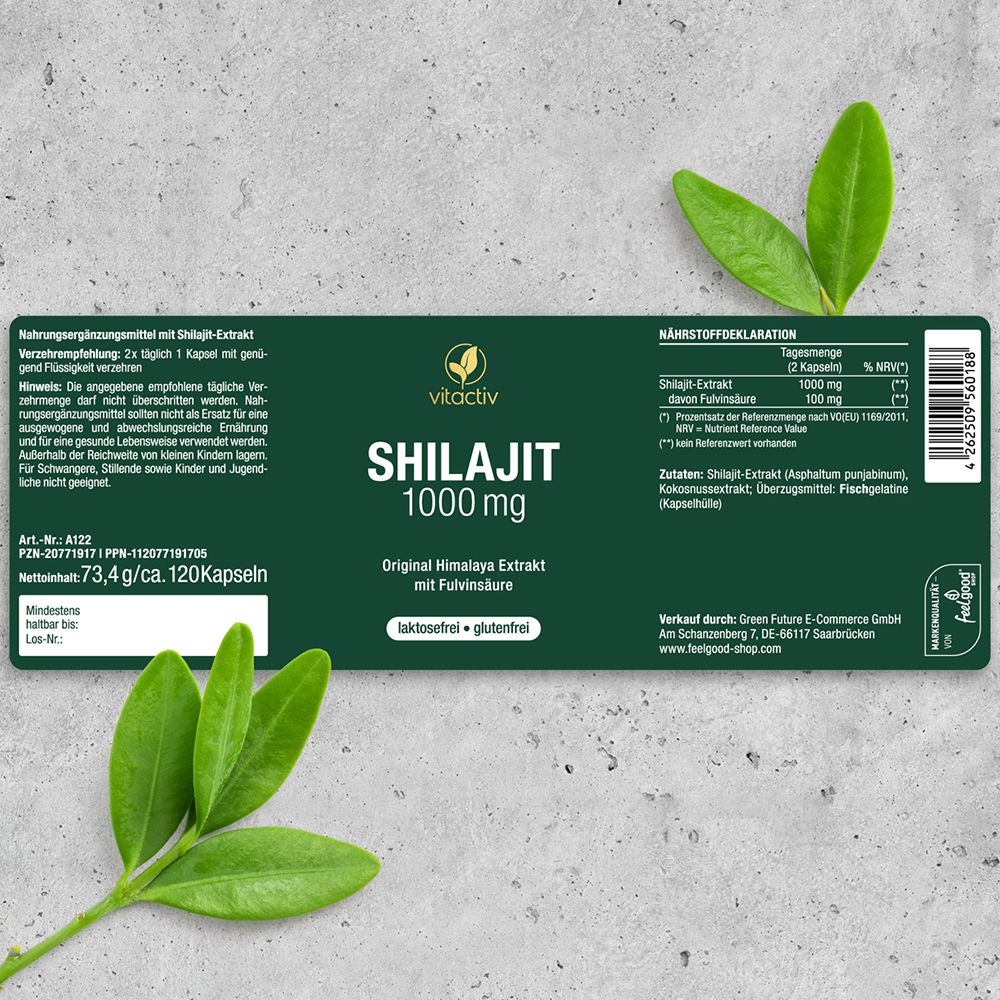Vitactiv Shilajit 1000 mg Etikett: Details zu Inhaltsstoffen, Nährwerten, Anwendung und Herkunft. Enthält Fischgelatine.