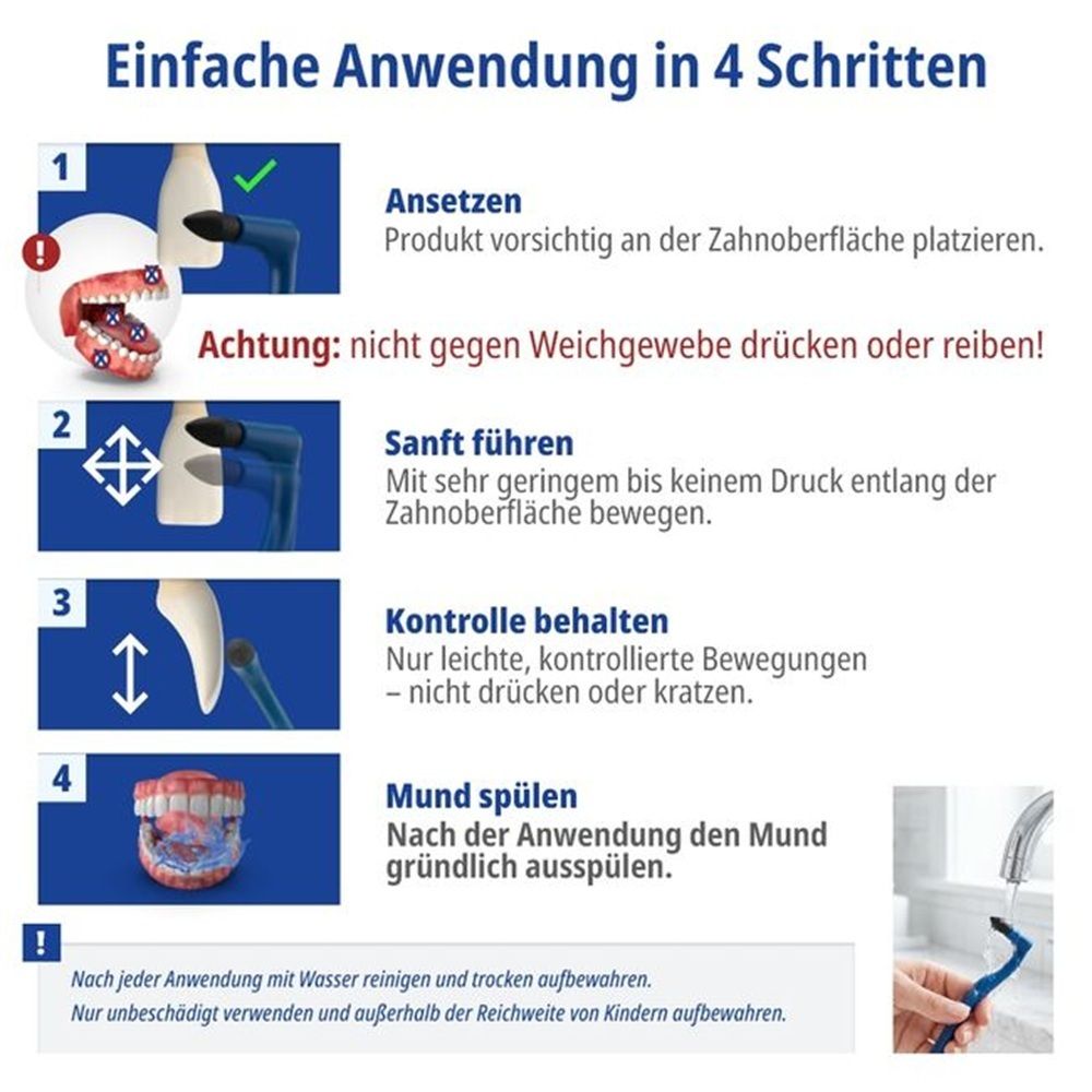 Anleitung in 4 Schritten zur Anwendung eines Dentalprodukts zur Zahnreinigung.