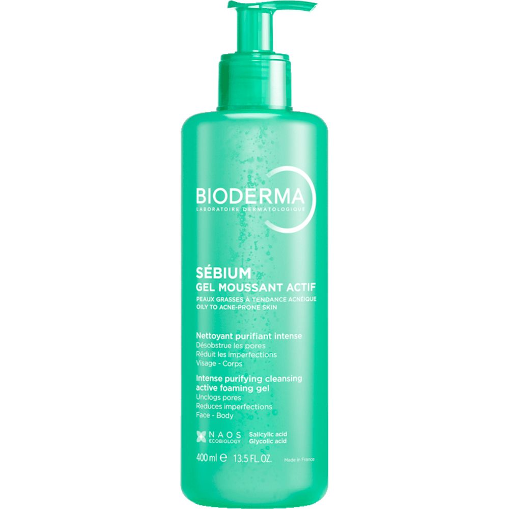 Grüne Pumpeflasche mit Bioderma Sebium Gel Moussant Actif, 400ml.