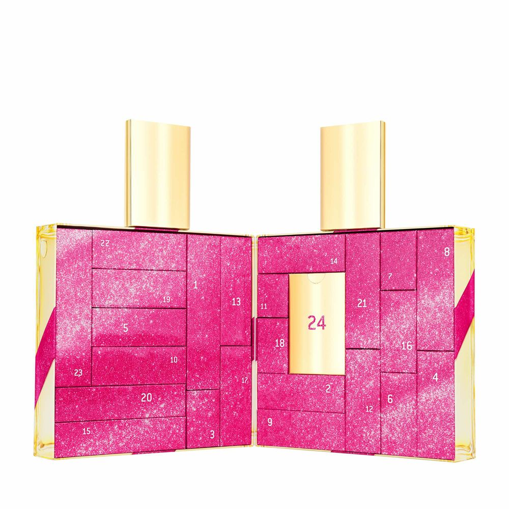 Ein geöffneter Adventskalender in Pink mit goldenen Akzenten und 24 Türchen.