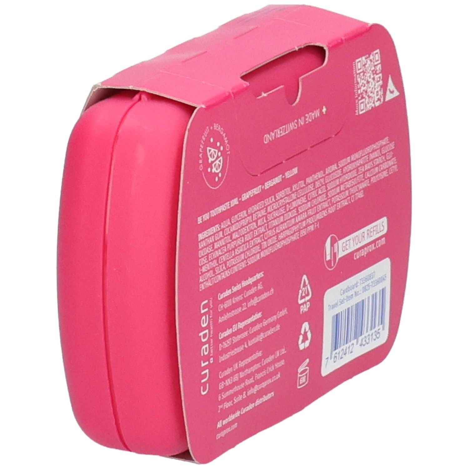 Pinke Curaden Reisebox mit Informationen und Barcode auf der Verpackung.