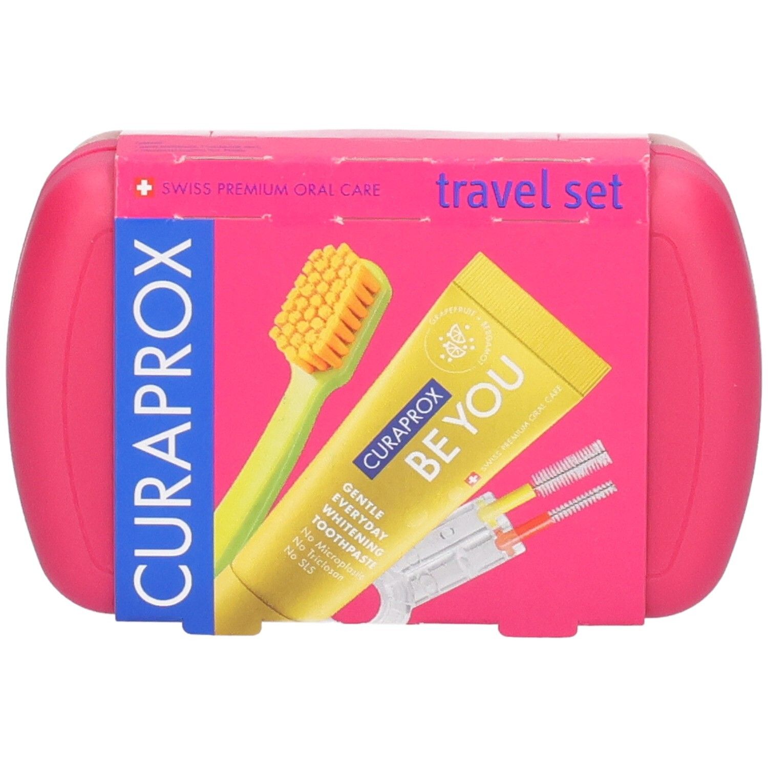 Curaprox Reise-Set mit Zahnbürste, Zahnpasta und Interdentalbürsten in einer rosa Hülle.