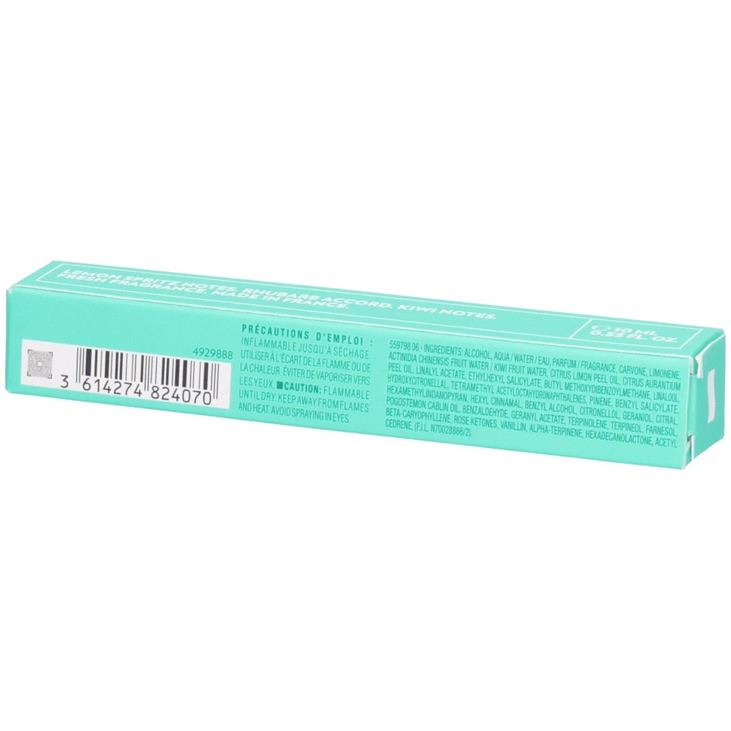 Türkisfarbene Produktverpackung mit Barcode und Inhaltsstoffen.