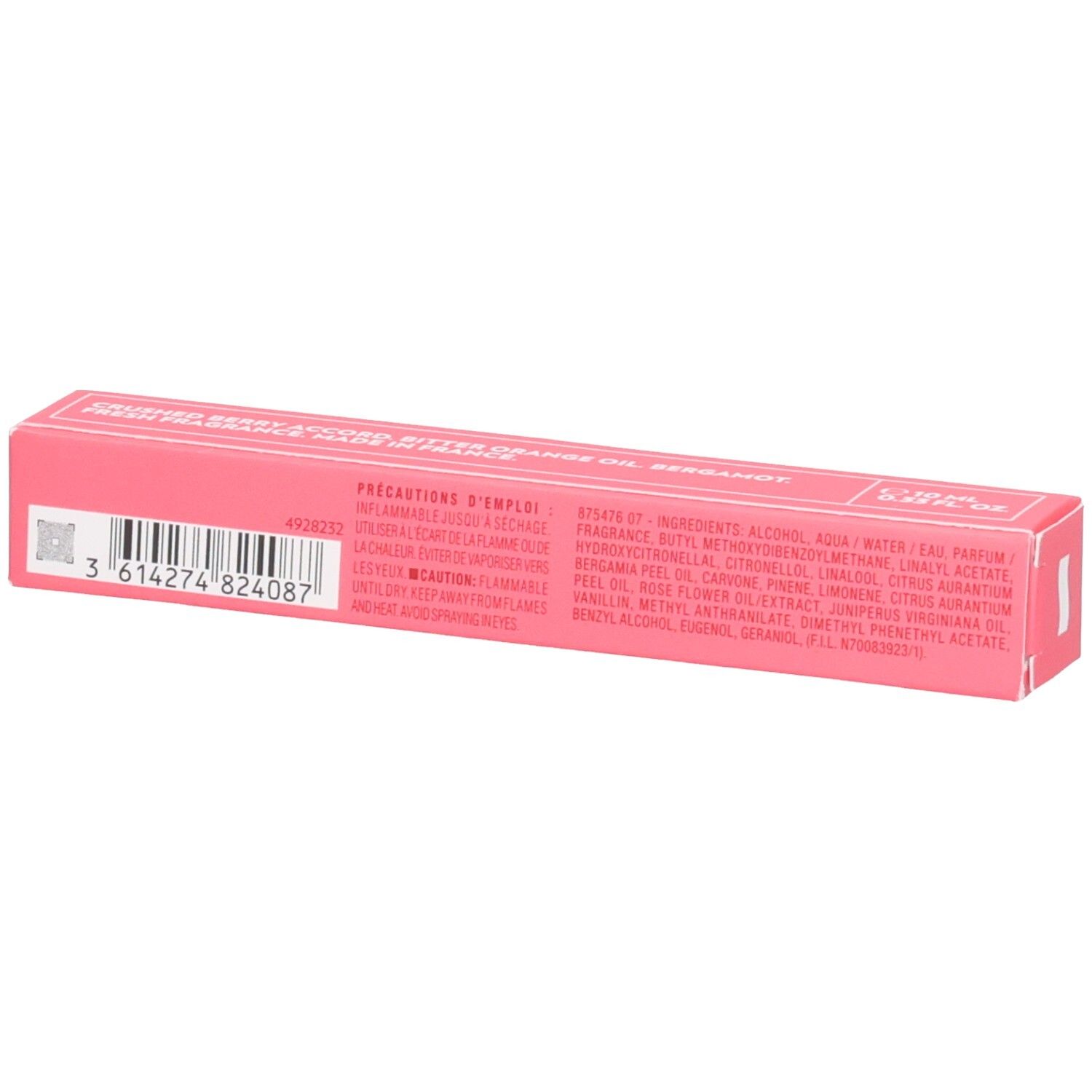 Rosa Verpackungsbox mit Barcode und Inhaltsstoffen.