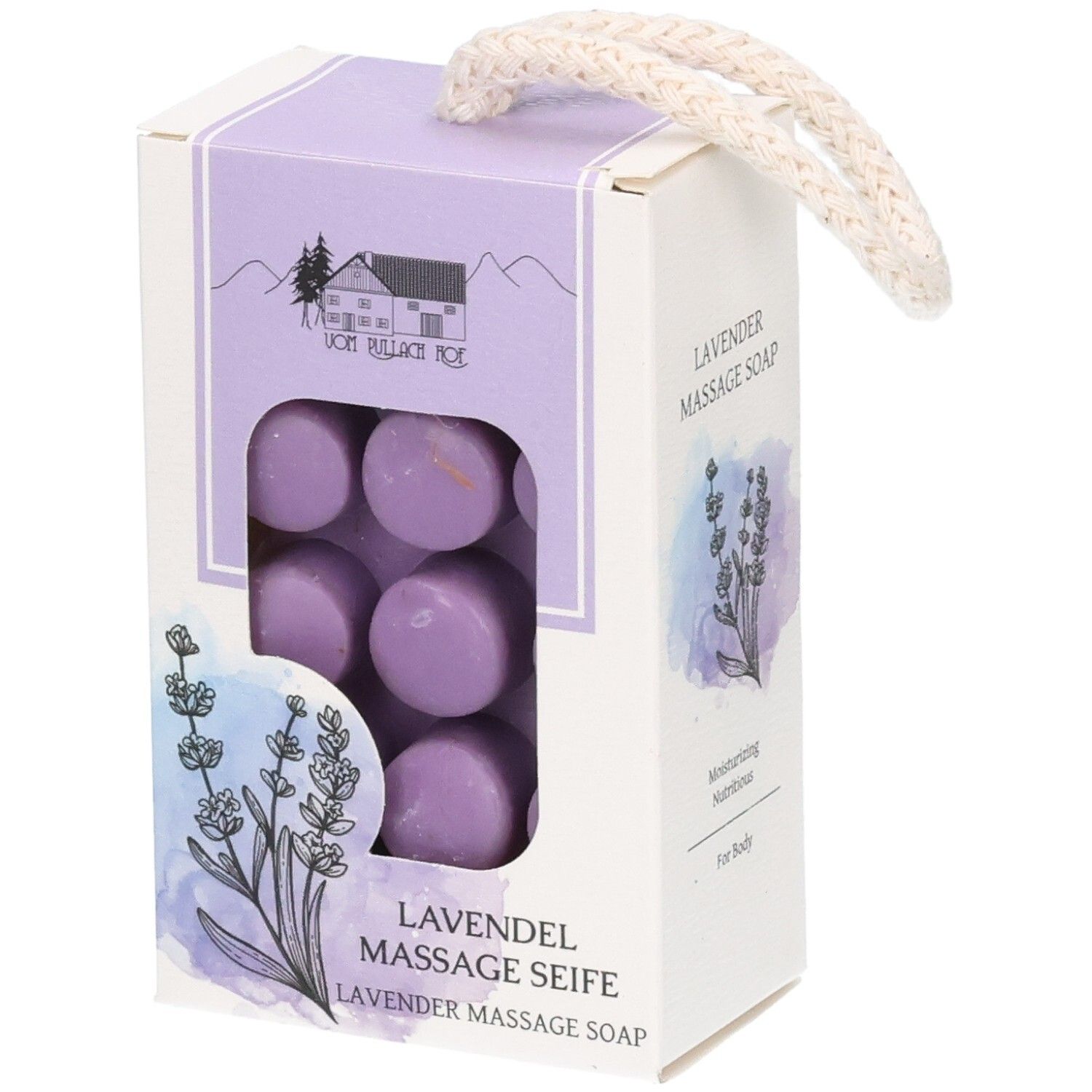 Verpackung mit Lavendel-Massage-Seife, acht lila Seifenstücke sichtbar.