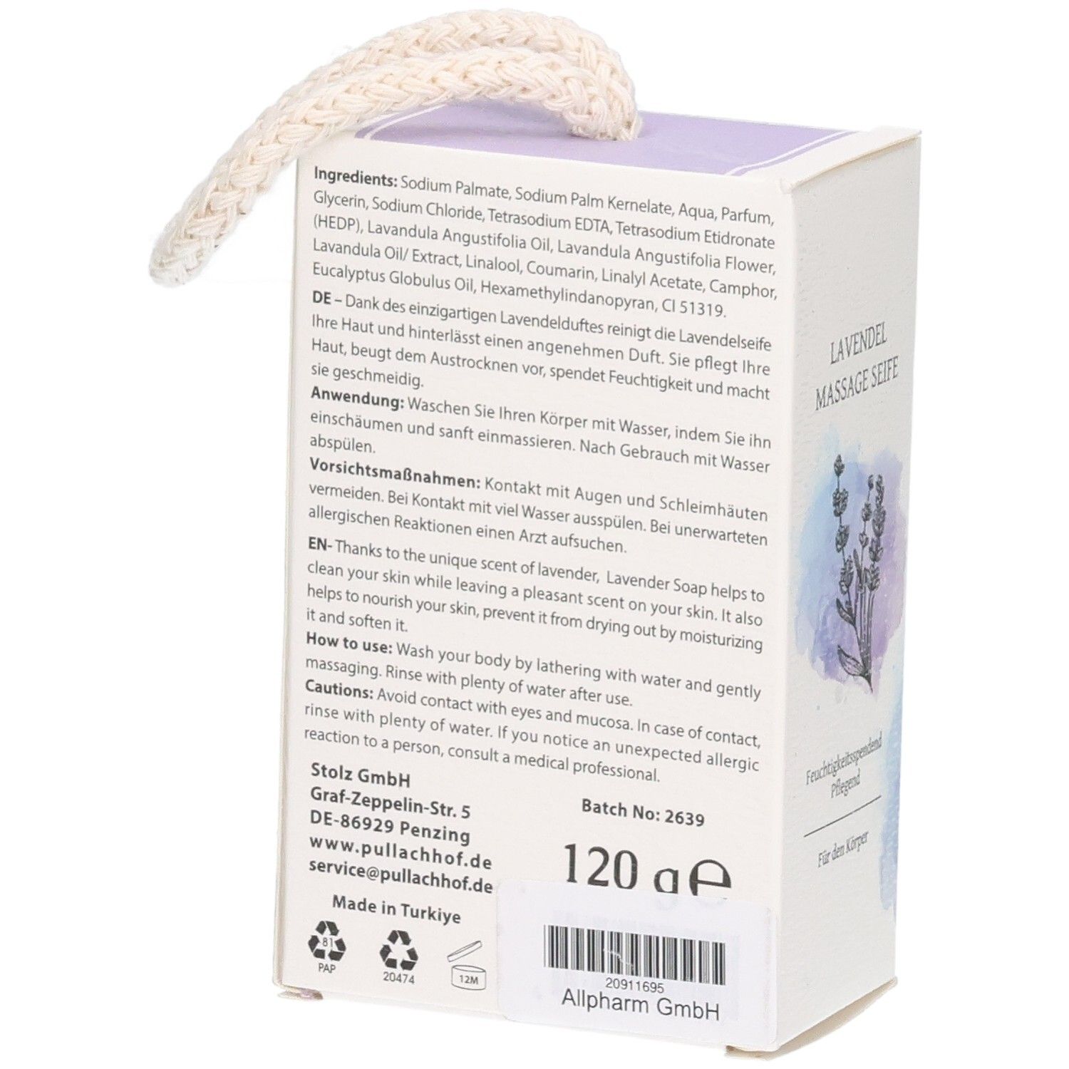 Lavendel Massage Seife in Pappverpackung mit Schnurschlaufe, 120g.